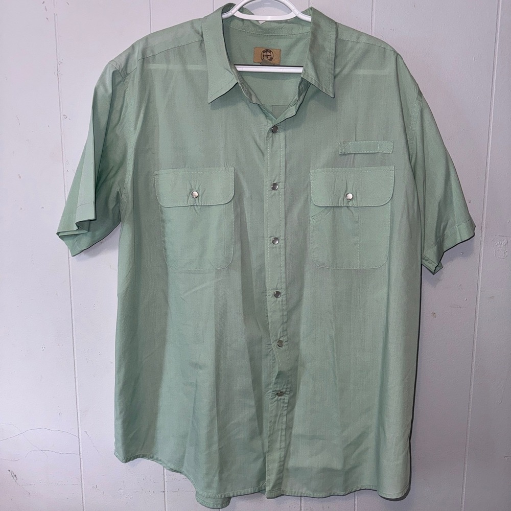 Haband Travelers Mens XL Short Sleeve Snap Front Utility Shirt Sage Green Spot
